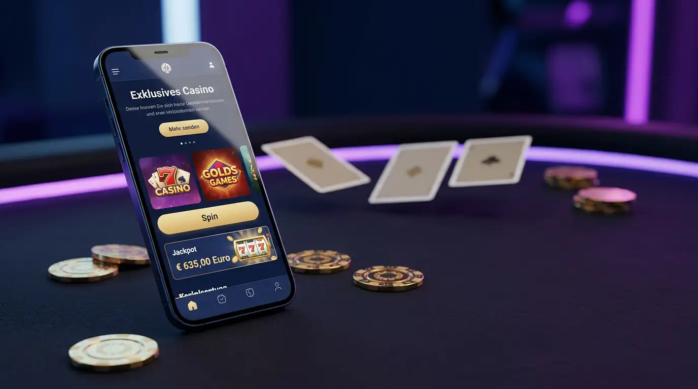 Smartphone mit Casino-Oberflaeche, goldene Spielchips und Karten auf dunklem Hintergrund mit Neonbeleuchtung