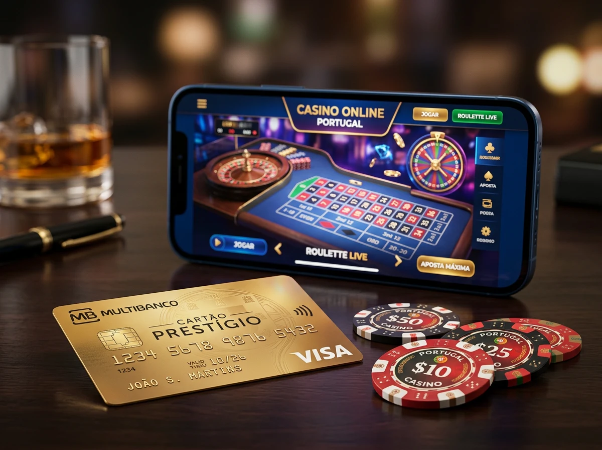Cartao de credito junto a fichas de casino e smartphone com plataforma de jogo online