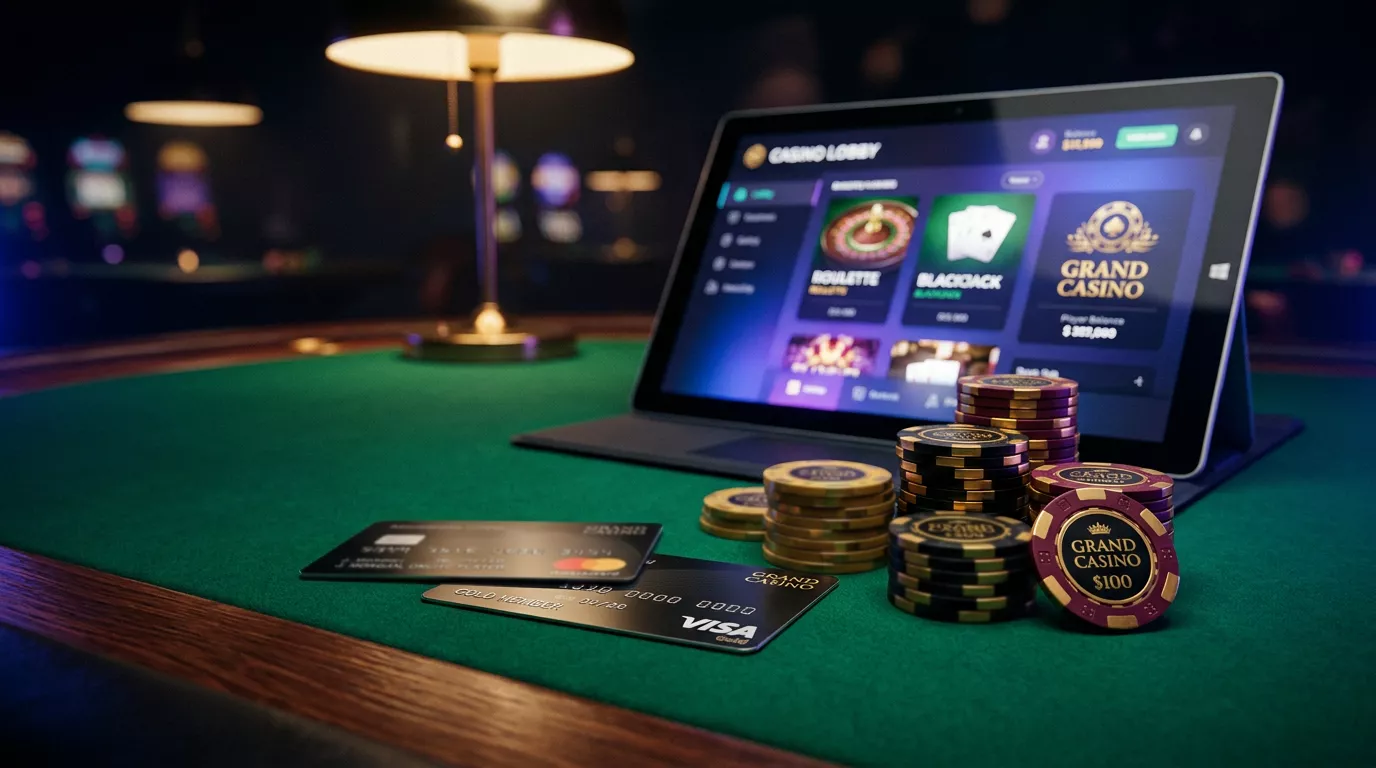 Mesa de casino online con tarjetas de credito Visa y Mastercard junto a fichas y pantalla de juego digital