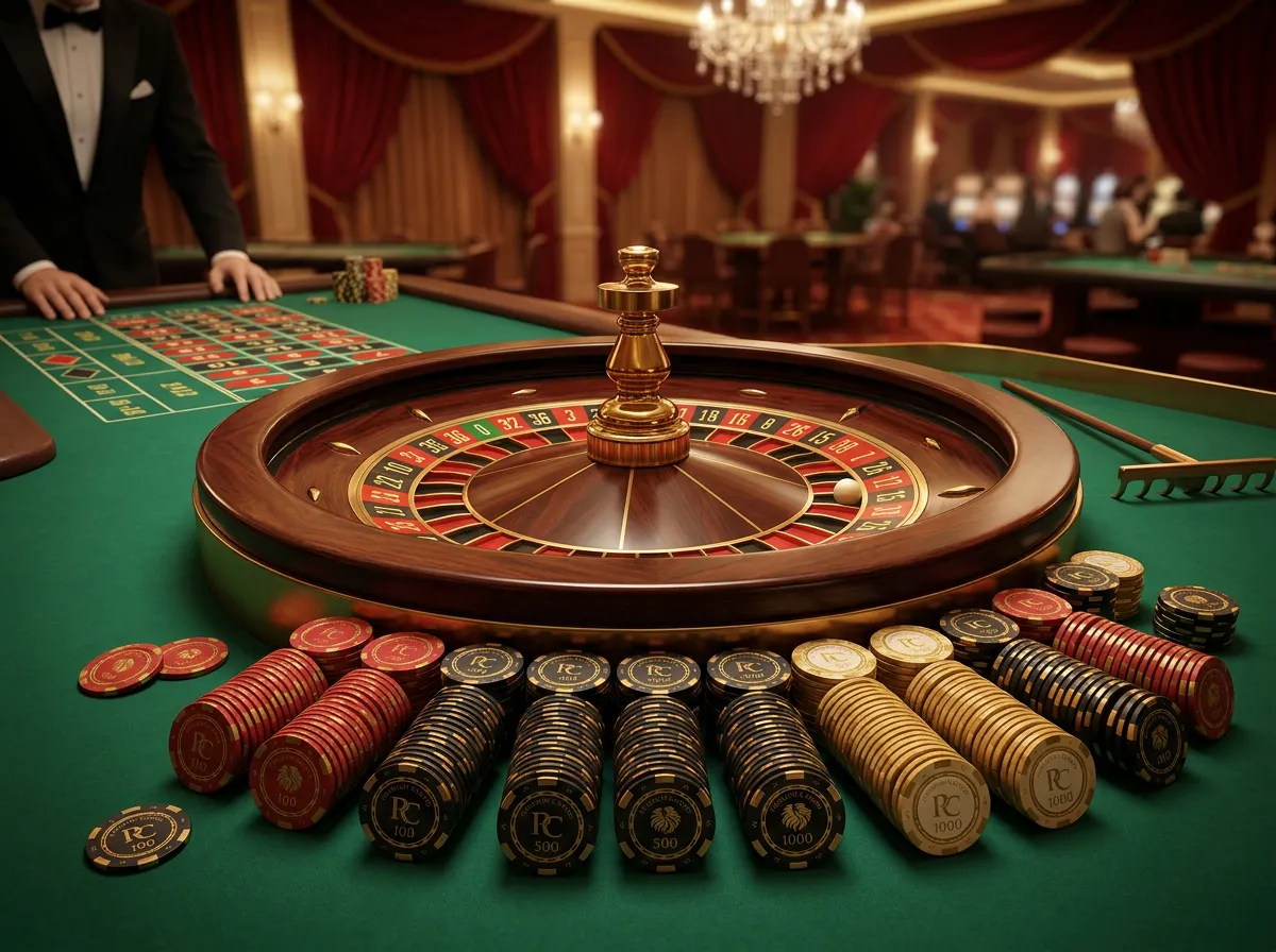 Mesa de roleta com fichas de casino em ambiente elegante de jogo online em Portugal