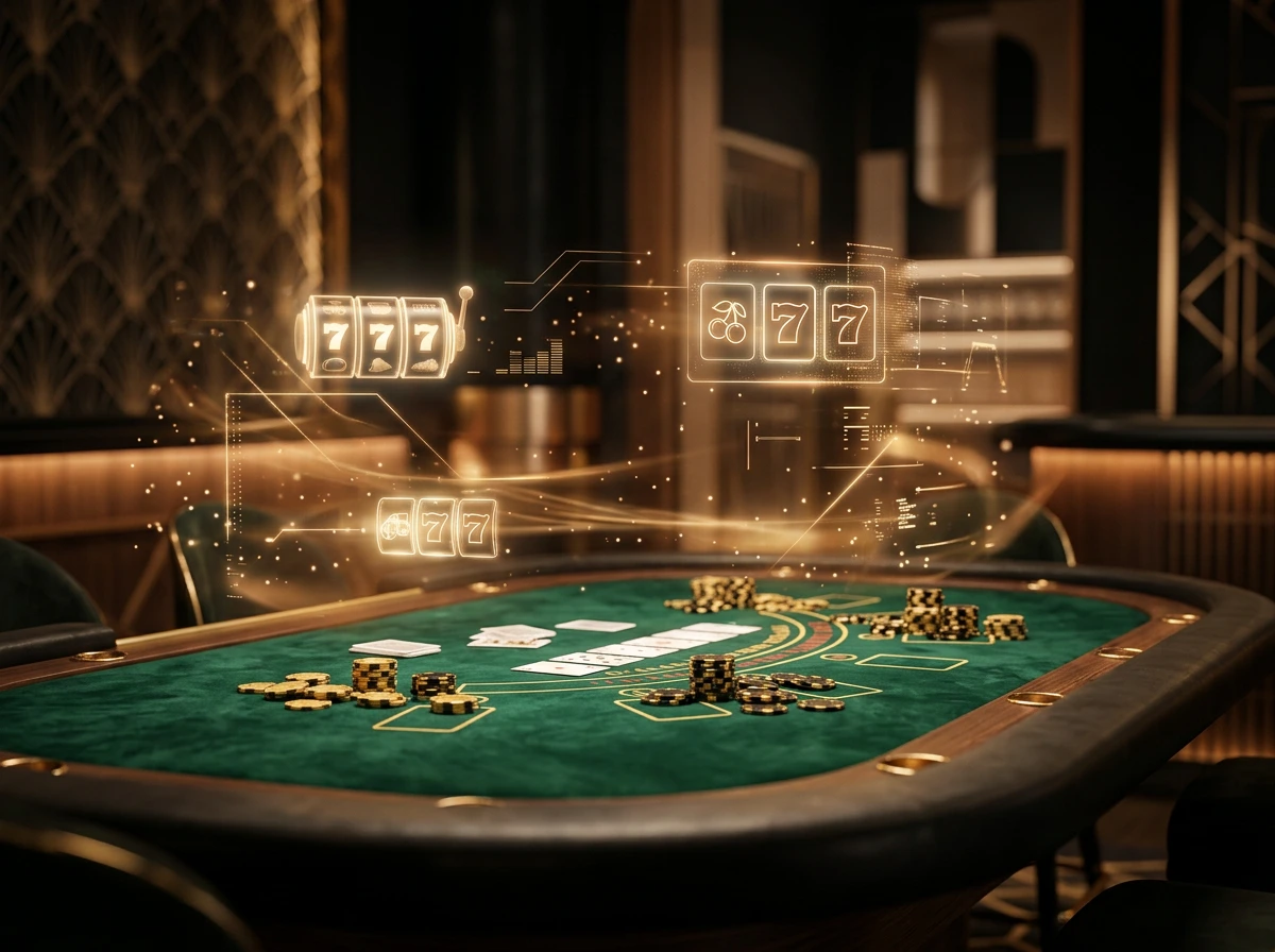 Mesa de casino com elementos digitais e iluminacao dourada representando a tecnologia Playtech