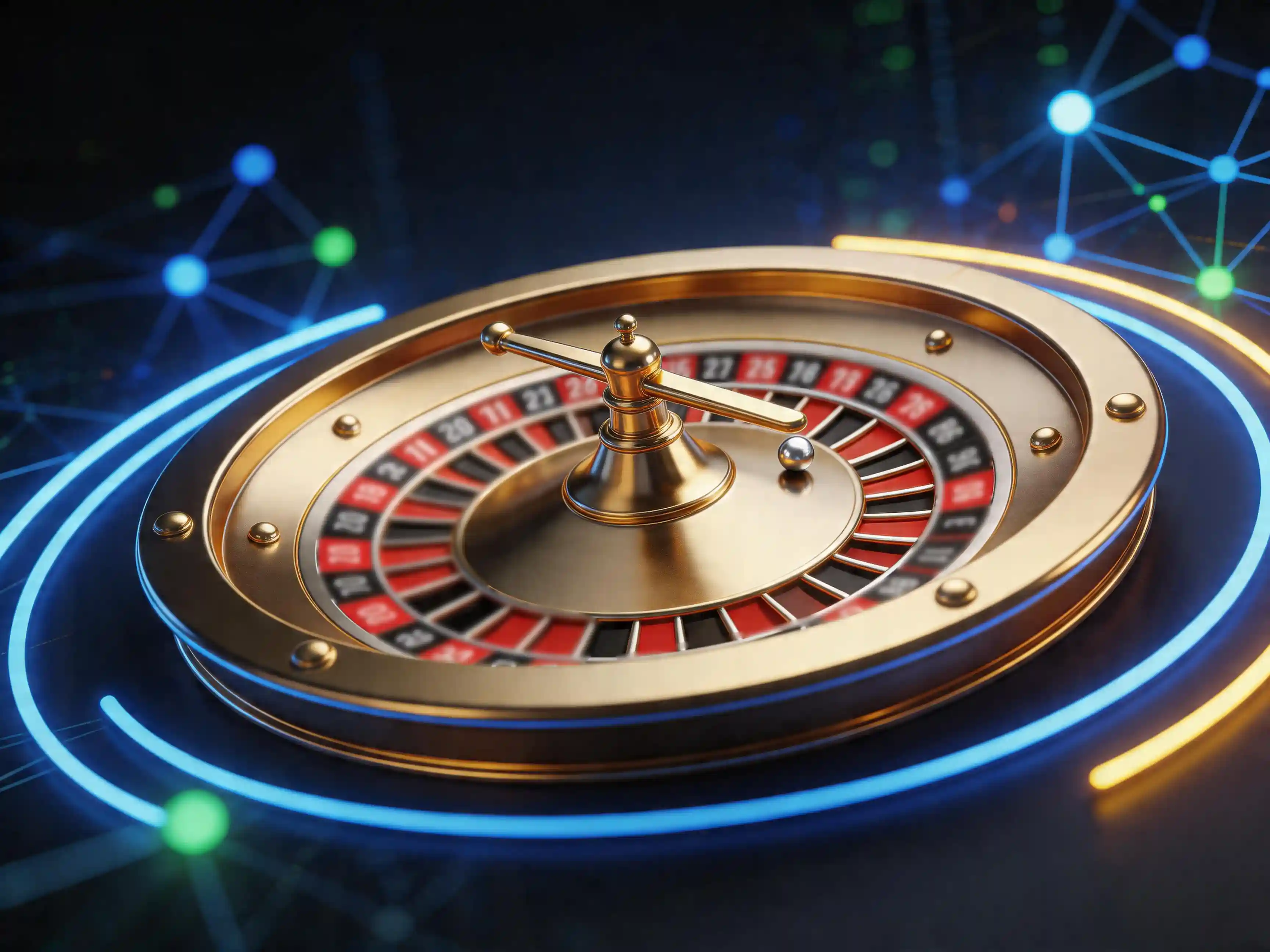 Ruleta digitala si elemente de cazinou online pe fundal albastru neon reprezentand industria iGaming din Romania