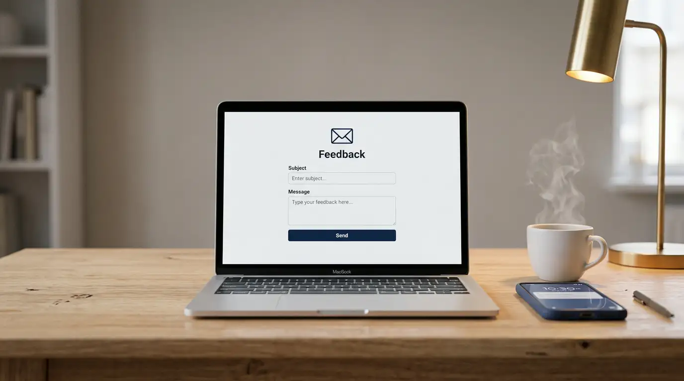 An open laptop on a clean desk with a glowing envelope icon on the screen representing email communication in soft warm office lighting