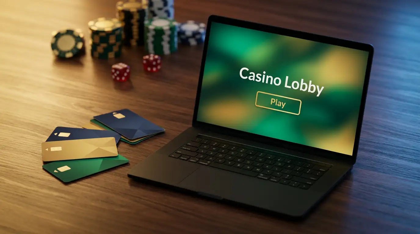 Credit cards and a laptop on a dark wooden desk with poker chips in the background, representing online casino payment methods