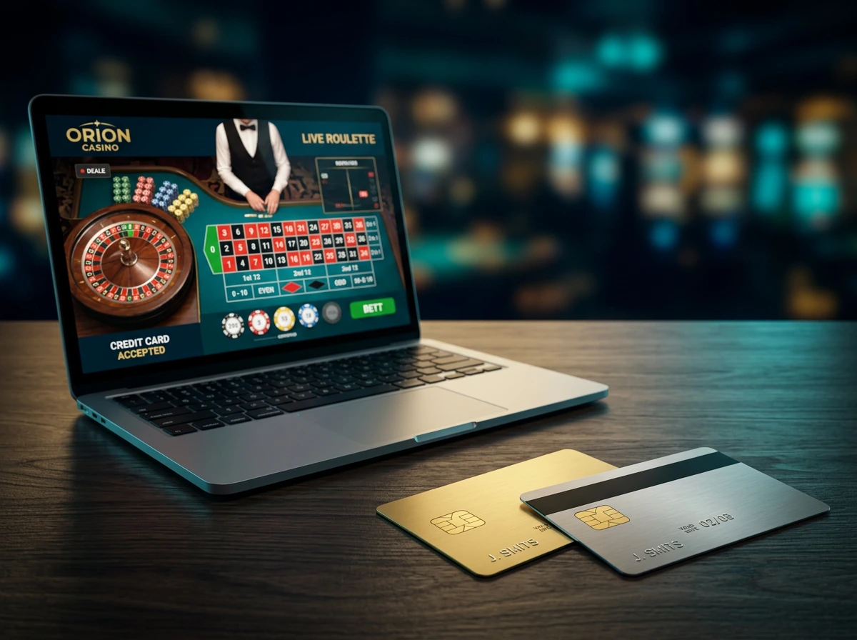 Creditcard naast een laptop met een online casinopagina in een sfeervolle setting