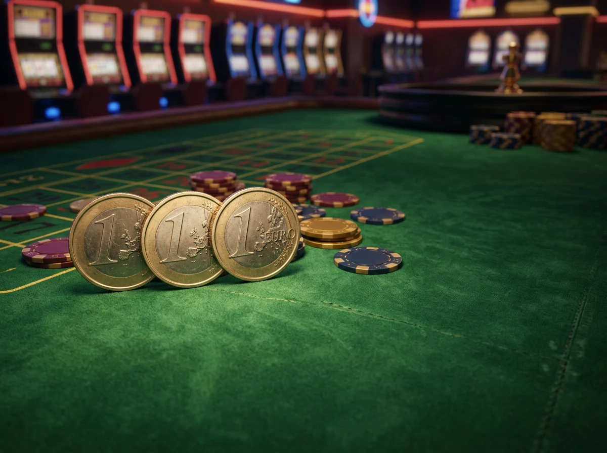 Fiches da casino e monete da tre euro su un tavolo da gioco verde con illuminazione soffusa