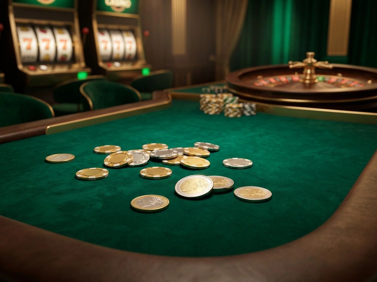 Mesa de casino online com fichas e moedas de tres euros representando depositos minimos em Portugal