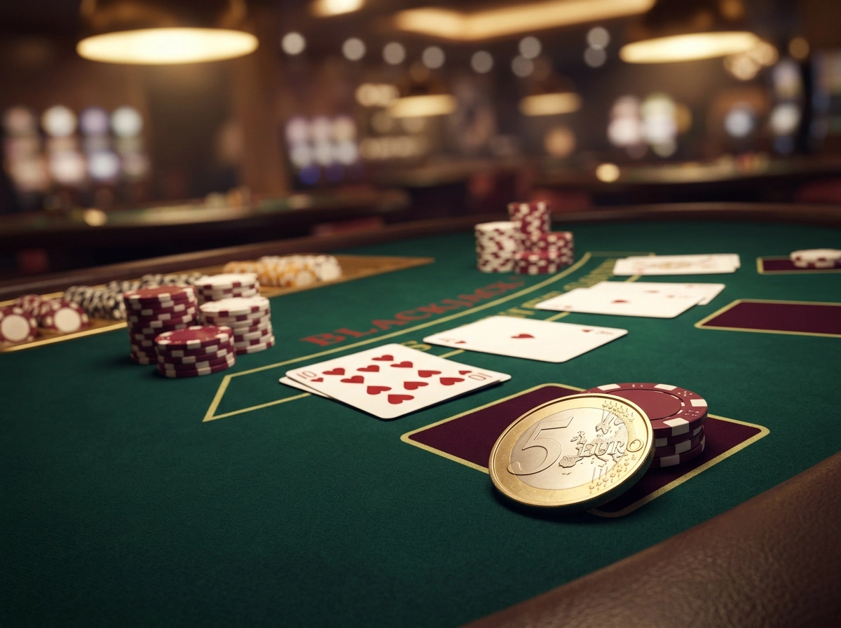 Mesa de casino com fichas e cartas representando o deposito minimo de cinco euros para jogadores portugueses
