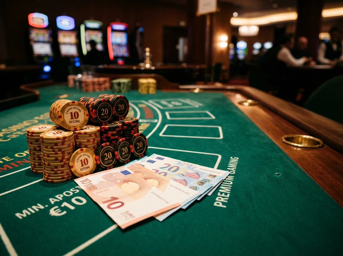 Mesa de casino com fichas de jogo e euros representando deposito minimo de dez euros em casinos online portugueses