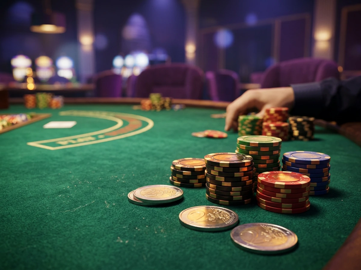 Fichas de casino e moedas de dois euros sobre mesa de jogo verde com luz ambiente roxa e dourada