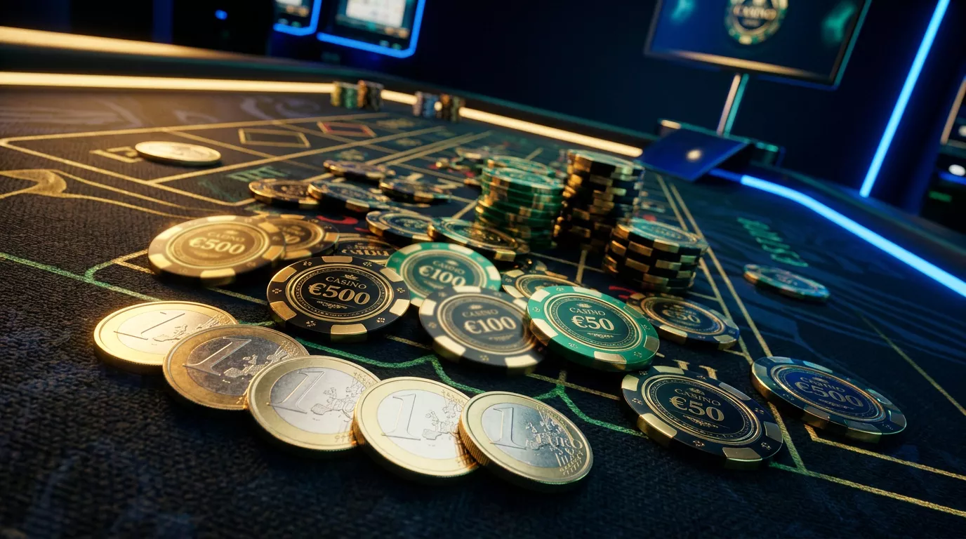 Mesa de casino con fichas y monedas de diez euros representando el deposito minimo para jugar en linea
