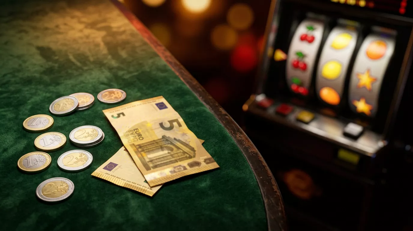 Mesa de casino con monedas de euro y tragamonedas al fondo representando el deposito minimo de 5 euros