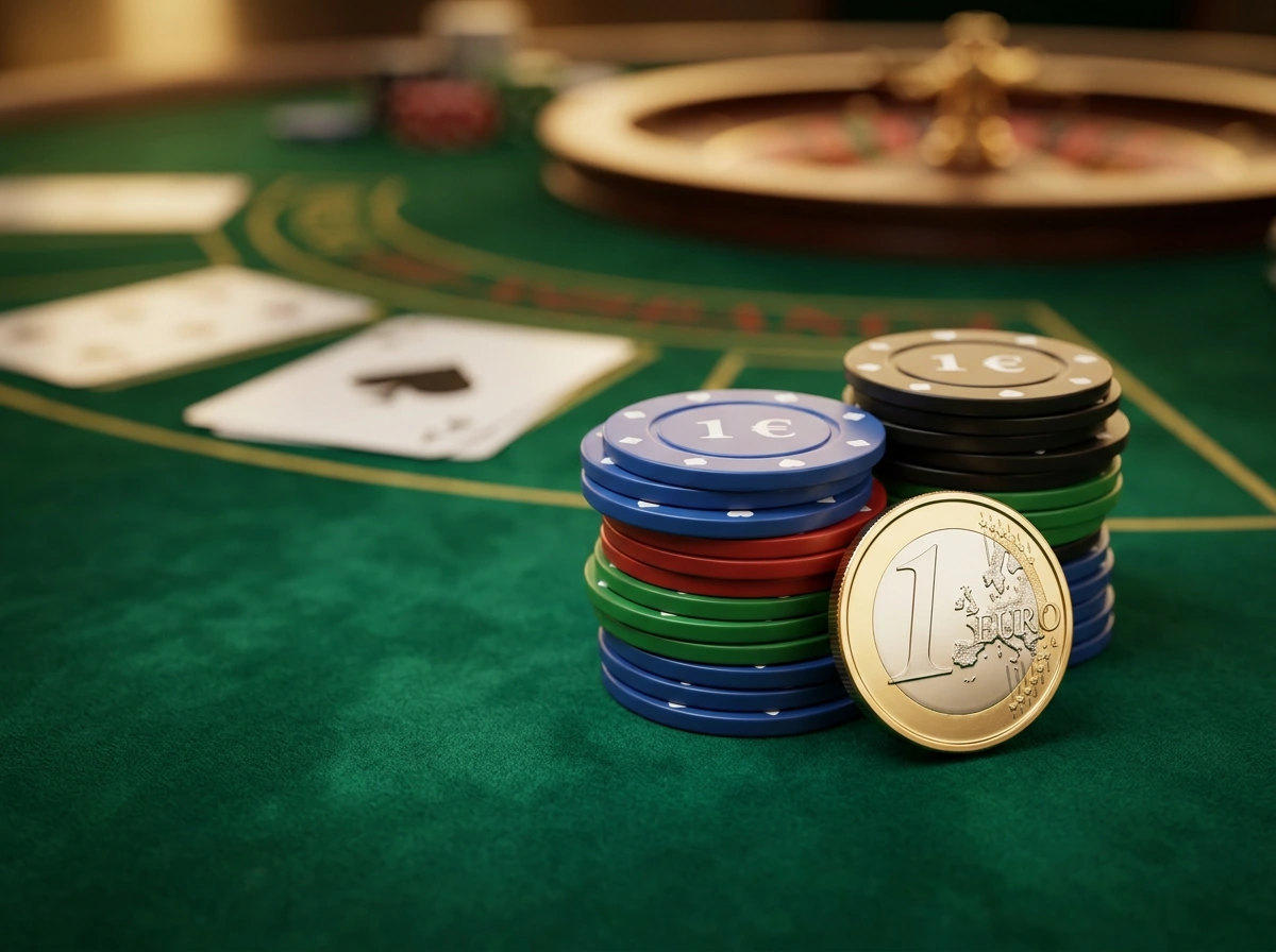Mesa de casino com fichas e cartas representando jogos online com deposito minimo em Portugal