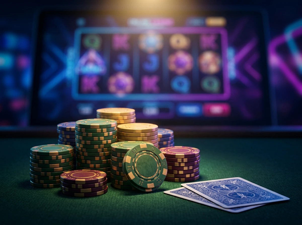 Jetons de casino et cartes a jouer sur une table de jeu eclairee par des lumieres neon