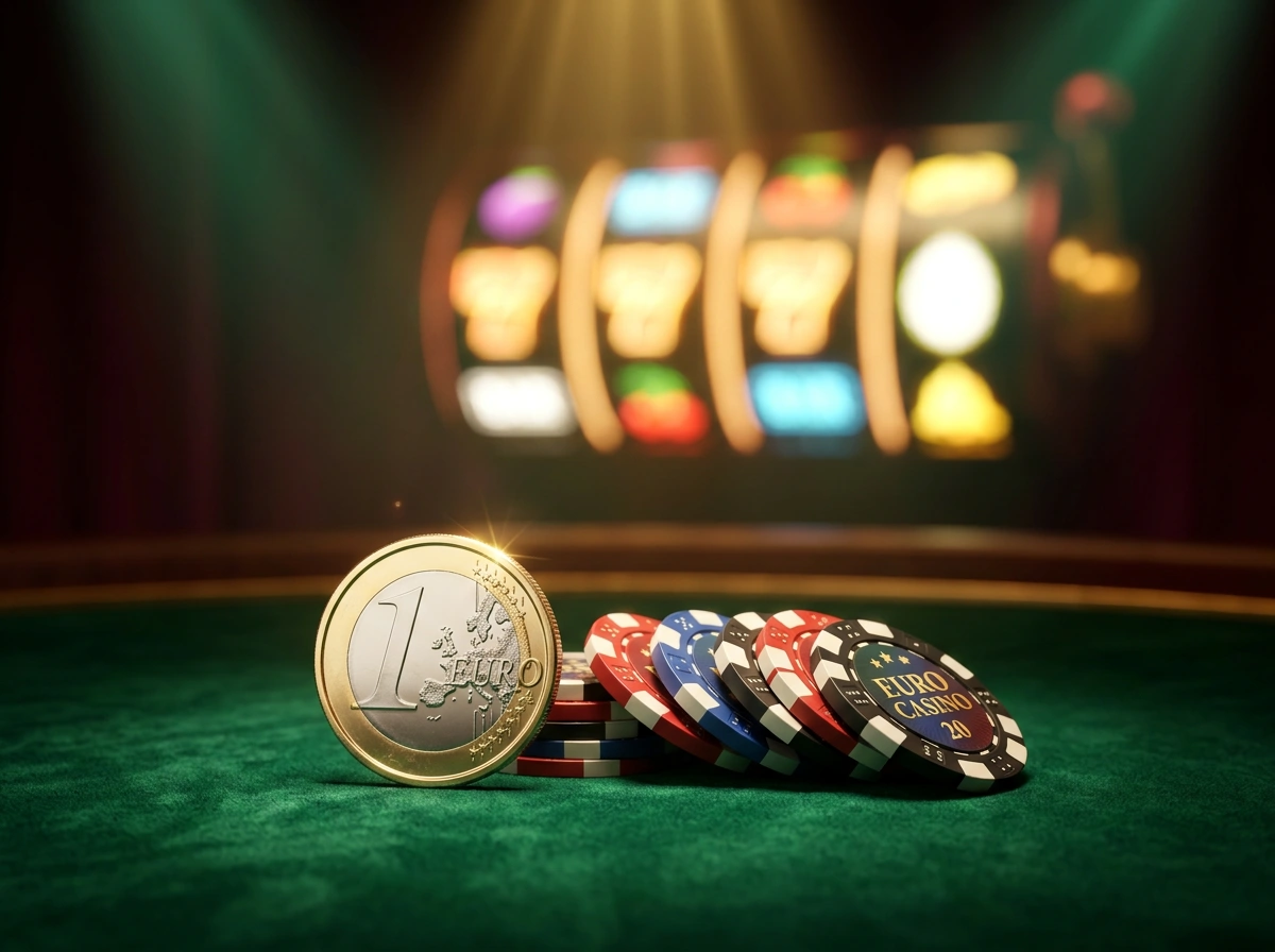 Jeton de casino et pièce de un euro sur une table de jeu avec un éclairage tamisée