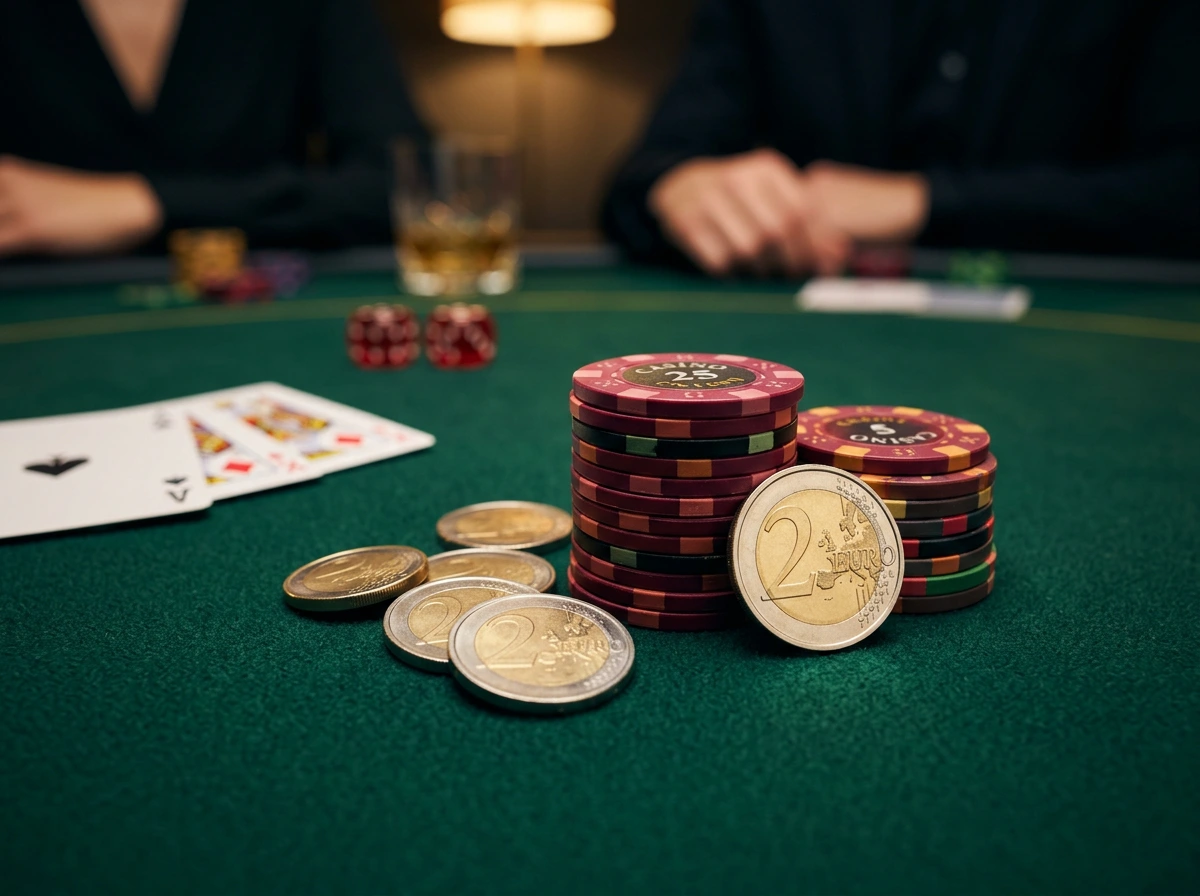 Jetons de casino et pieces de deux euros sur une table de jeu dans une ambiance tamisee