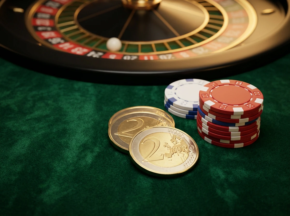 Jetons de casino et pieces de monnaie sur une table de jeu avec eclairage tamisee evoquant un depot minimum de 3 euros
