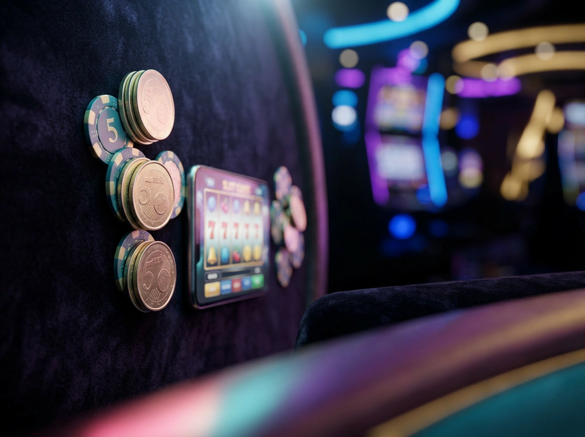 Jetons de casino et pièces de cinq euros sur une table de jeu avec éclairage néon