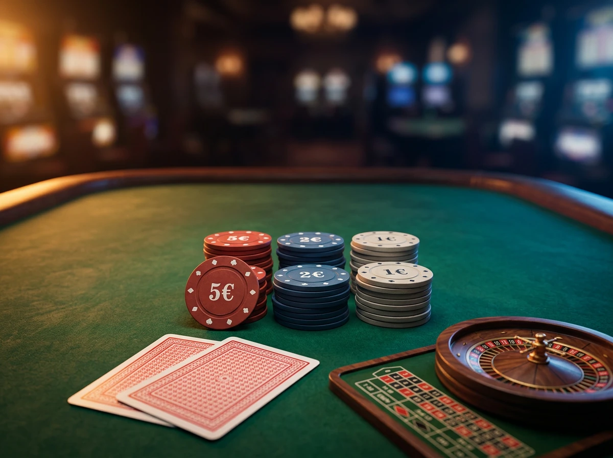 Table de casino avec jetons et cartes illustrant le concept de dépôt minimum pour les joueurs en France