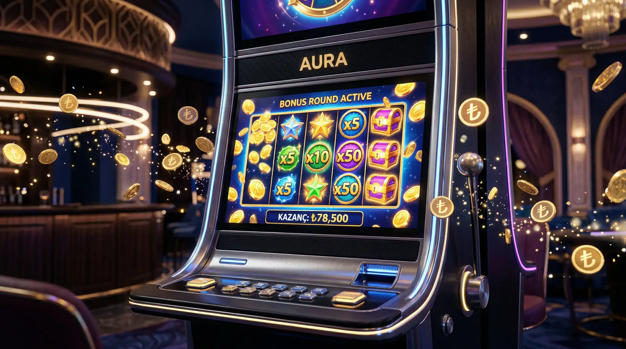 Online slot makinesi ekraninda bonus sembolleri ve Turk lirasi simgeleri gosteriliyor