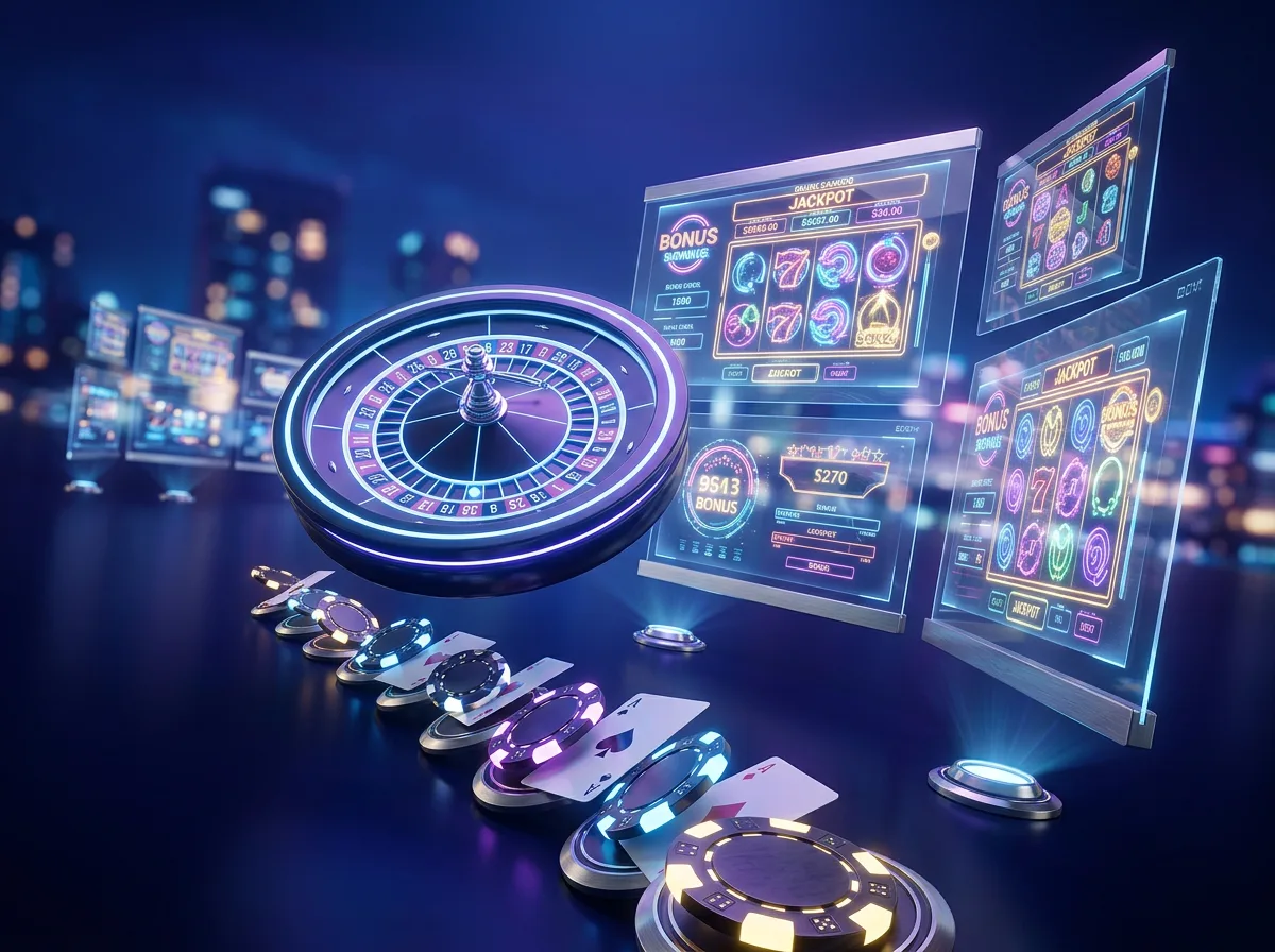Digitale rouletteschijf en gokkasten verlicht door neonlicht in een modern online casino-decor