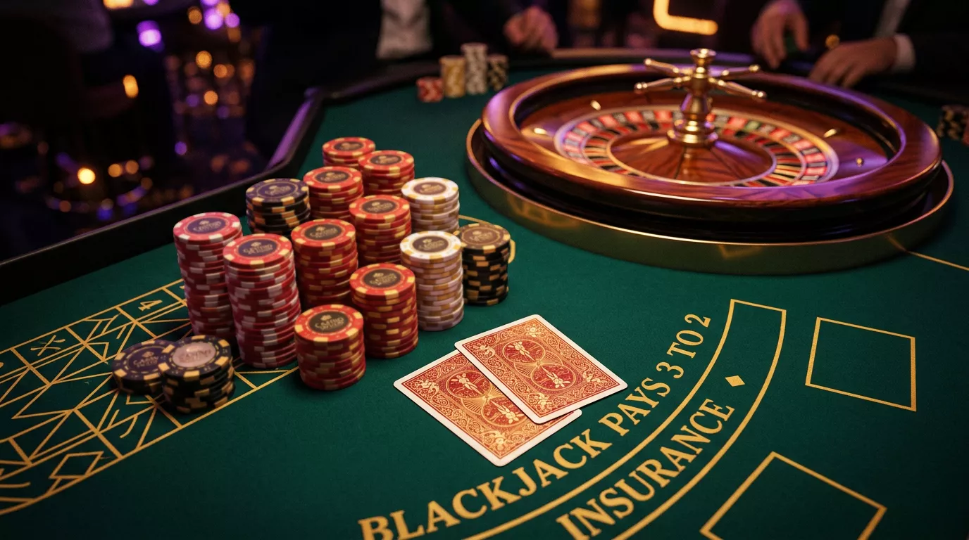 Mesa de casino en linea con fichas y cartas iluminada por luces neon mostrando el ambiente del juego con dinero real