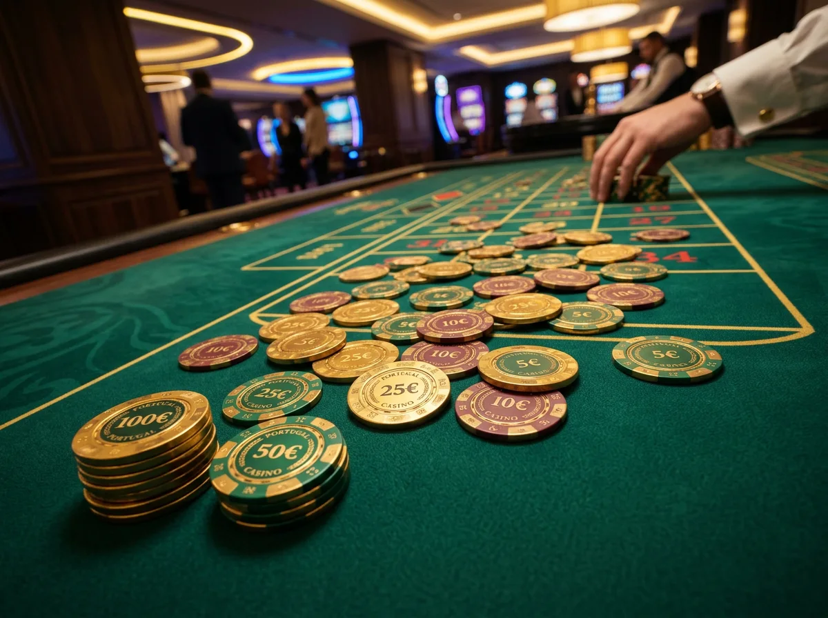 Mesa de casino com fichas e cartas num ambiente sofisticado de jogo online