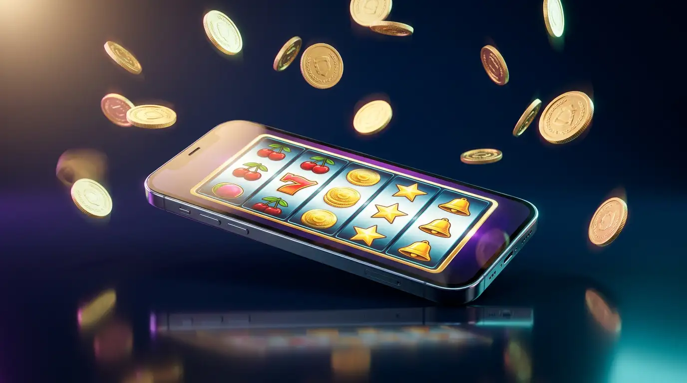 Smartphone mit Echtgeld Spielautomaten App auf dem Bildschirm in neonbeleuchteter Atmosphaere
