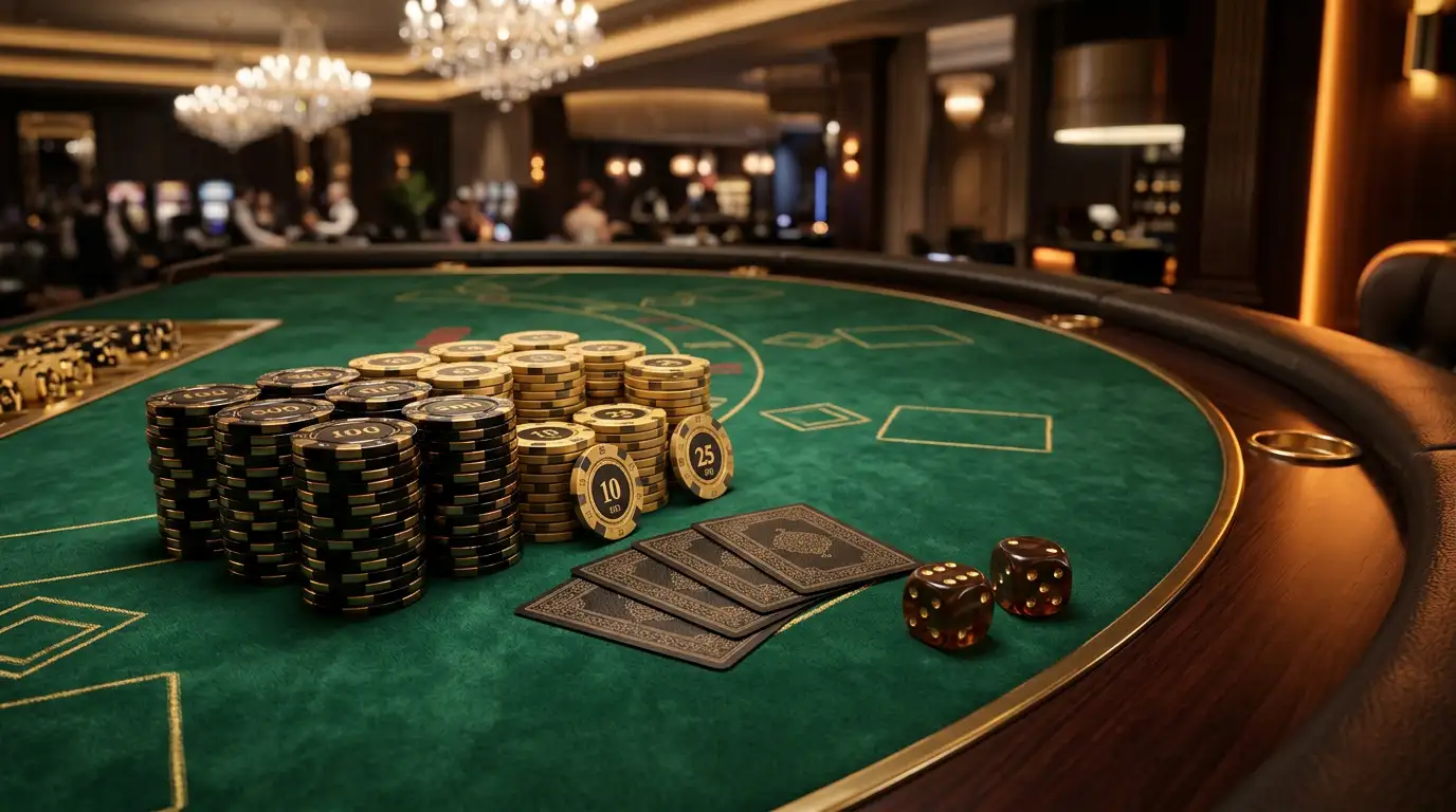 Echtgeld Casino Spieltisch mit Chips und Karten unter stimmungsvoller Beleuchtung