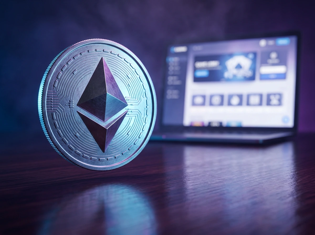 Ethereum-munt naast een laptop met een online casino-interface in een moderne setting met blauw-paarse verlichting