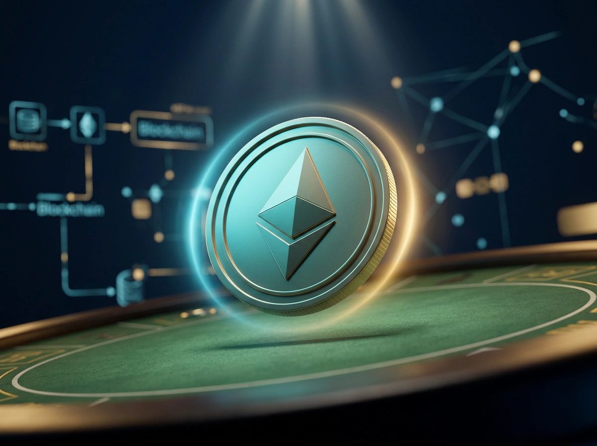 Moneta Ethereum illuminata su sfondo di interfaccia digitale da casino online con riflessi dorati e blu