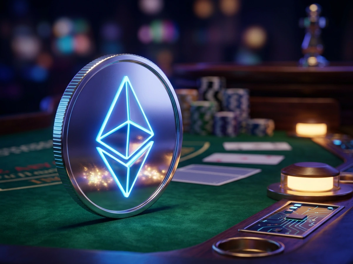 A glowing Ethereum coin standing upright on a reflective dark surface with soft blue and purple ambient light in the background
