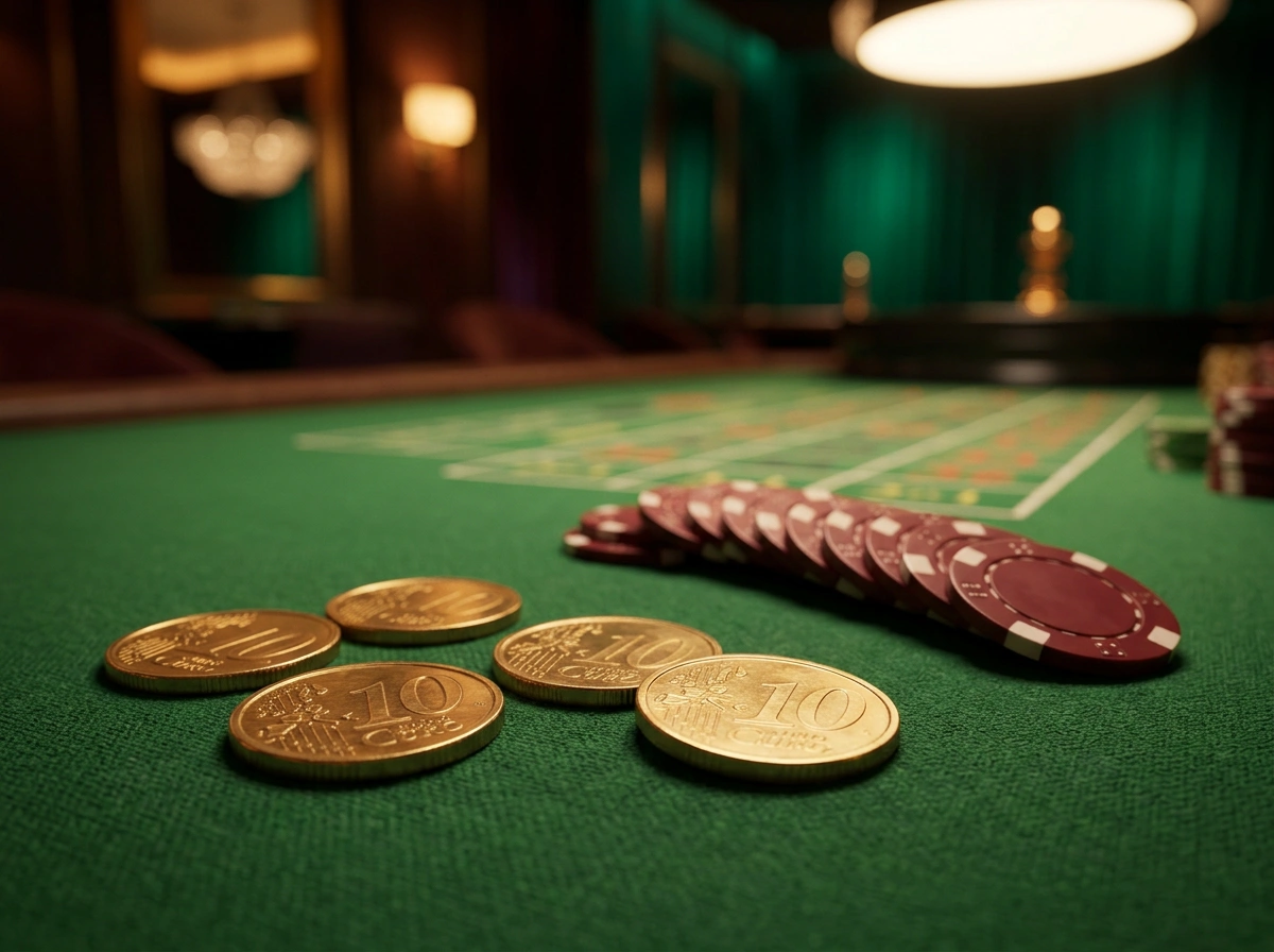 Fiches da casino e monete da dieci euro su un tavolo da gioco verde con illuminazione cinematografica