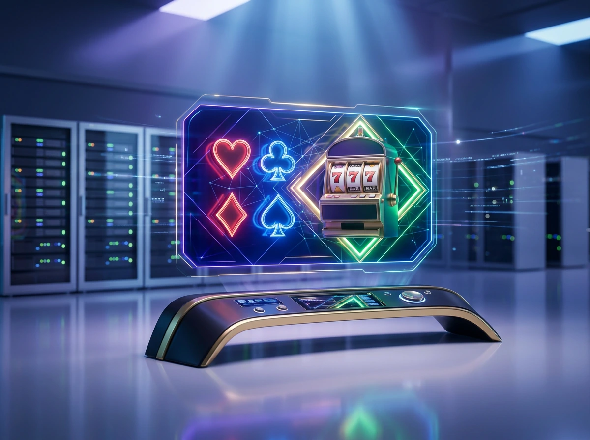 Mesa de casino com cartas e fichas iluminada por luzes neon representando a industria de jogos online em Portugal
