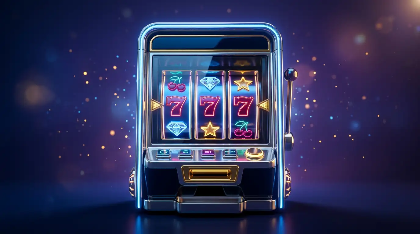 Free online slot machine reels glowing with colorful symbols in a dark casino setting