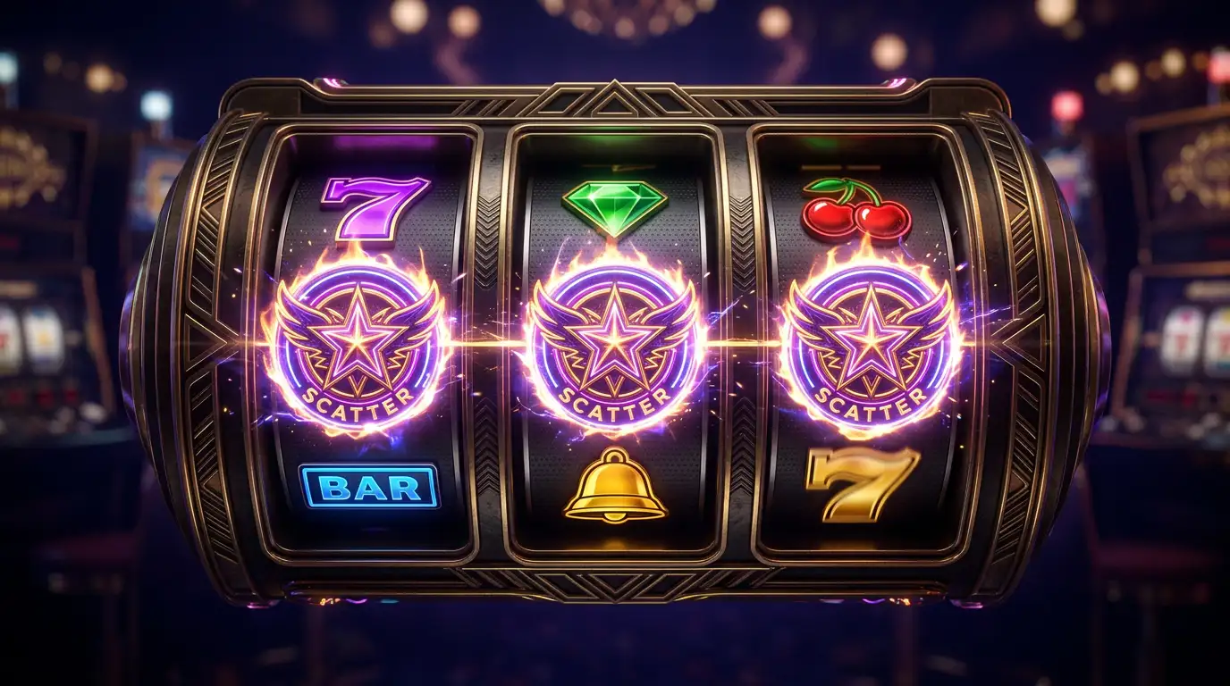 Glowing slot machine reels displaying scatter symbols that trigger a free spins bonus round in an online casino setting
