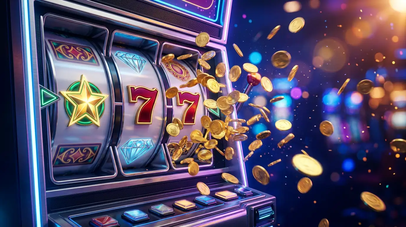 Leuchtende Walzen eines digitalen Spielautomaten mit Freispiel-Symbolen in atmosphaerischer Casino-Beleuchtung