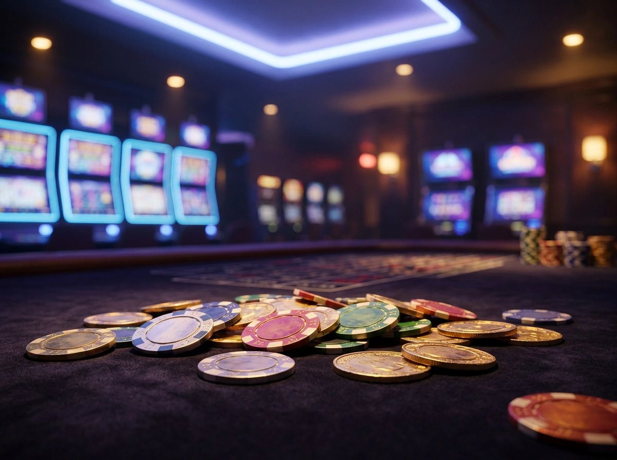 Gokkasten en casinofiches op een speeltafel met sfeervolle neonverlichting in een modern online casino