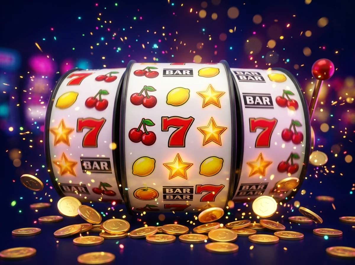 Draaiende rollen van een gokkast met kleurrijke symbolen in een online casino-omgeving