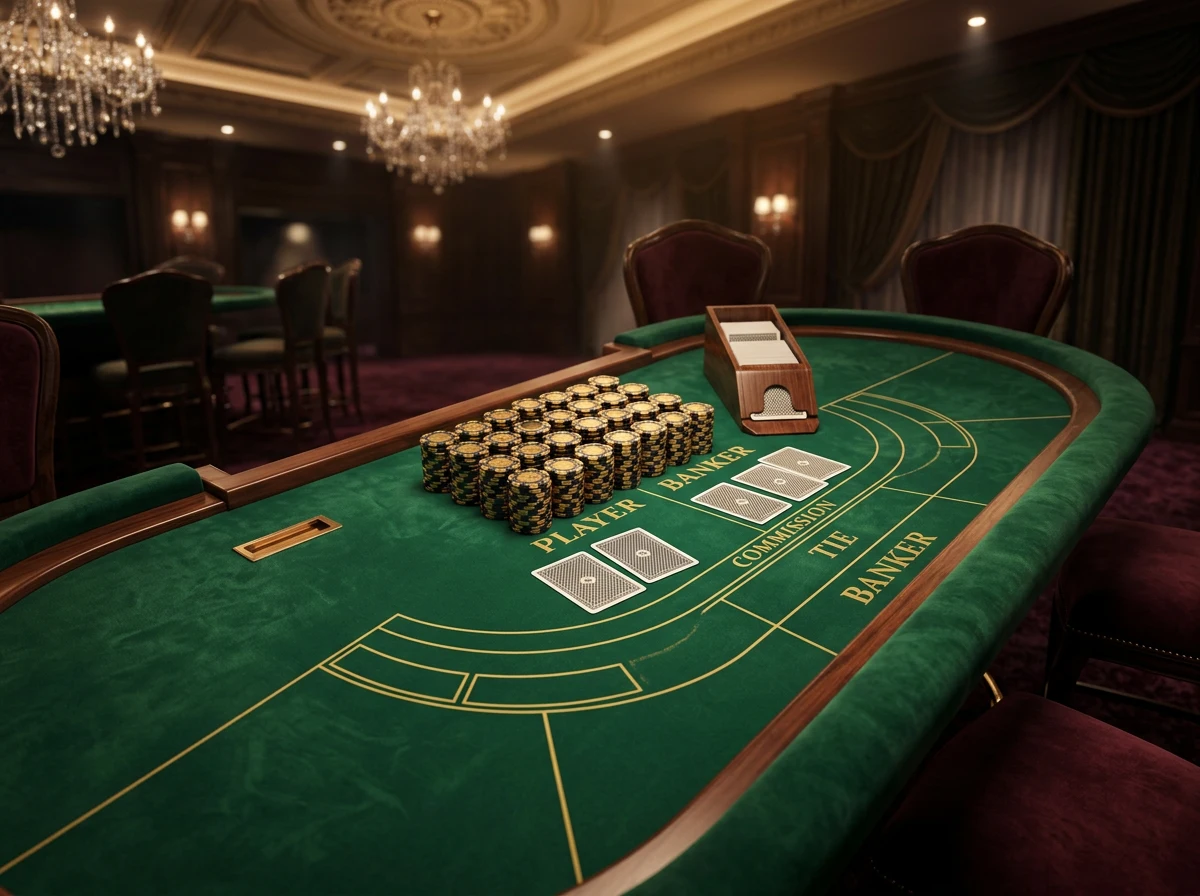 Table de jeu VIP dans un casino haut de gamme avec jetons dores et eclairage tamisee