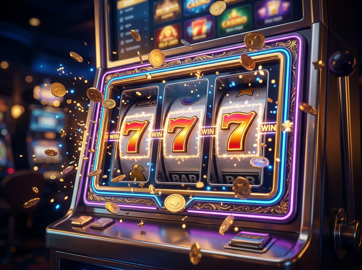 Rulli di una slot machine digitale illuminati da luci al neon con effetti di luce dorata che evocano i giri gratuiti nel gioco online