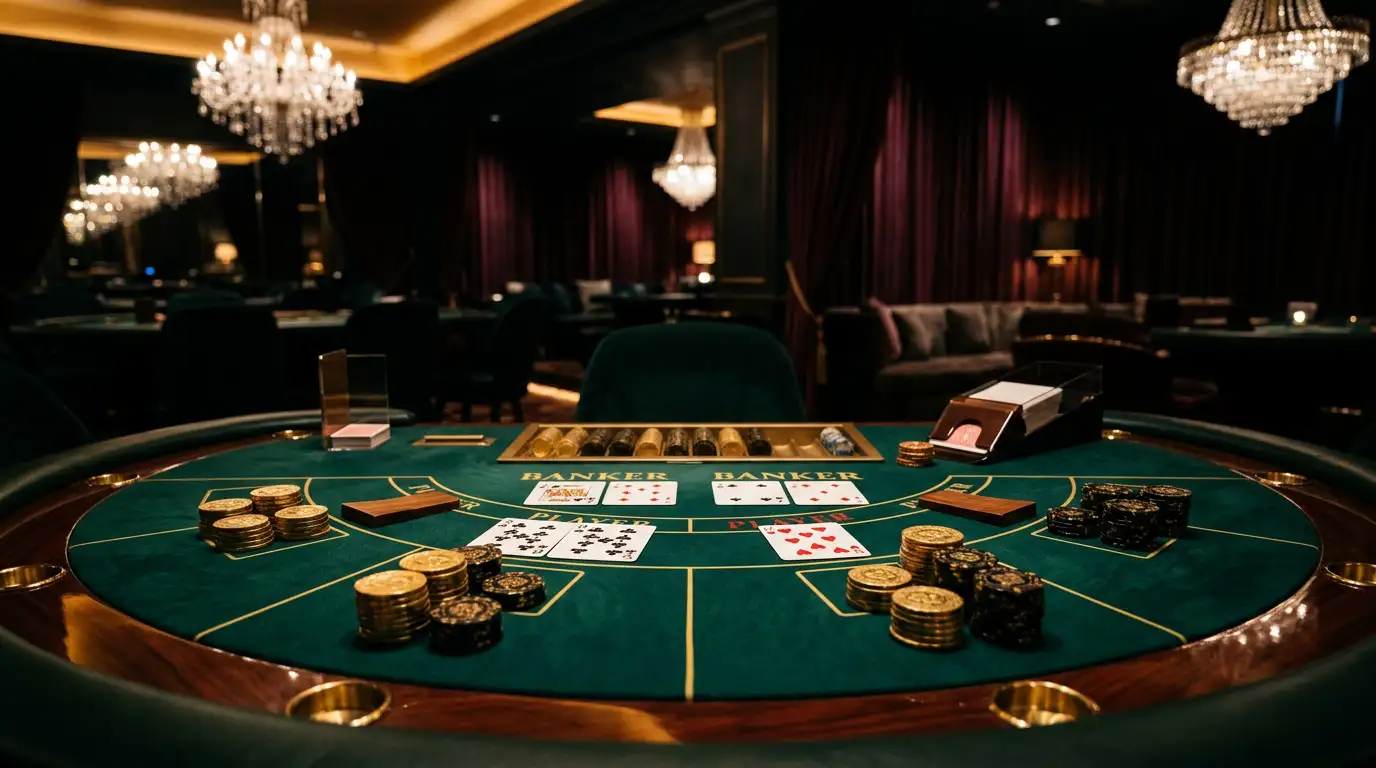 Luxurious high roller casino VIP lounge with private gaming tables and ambient lighting