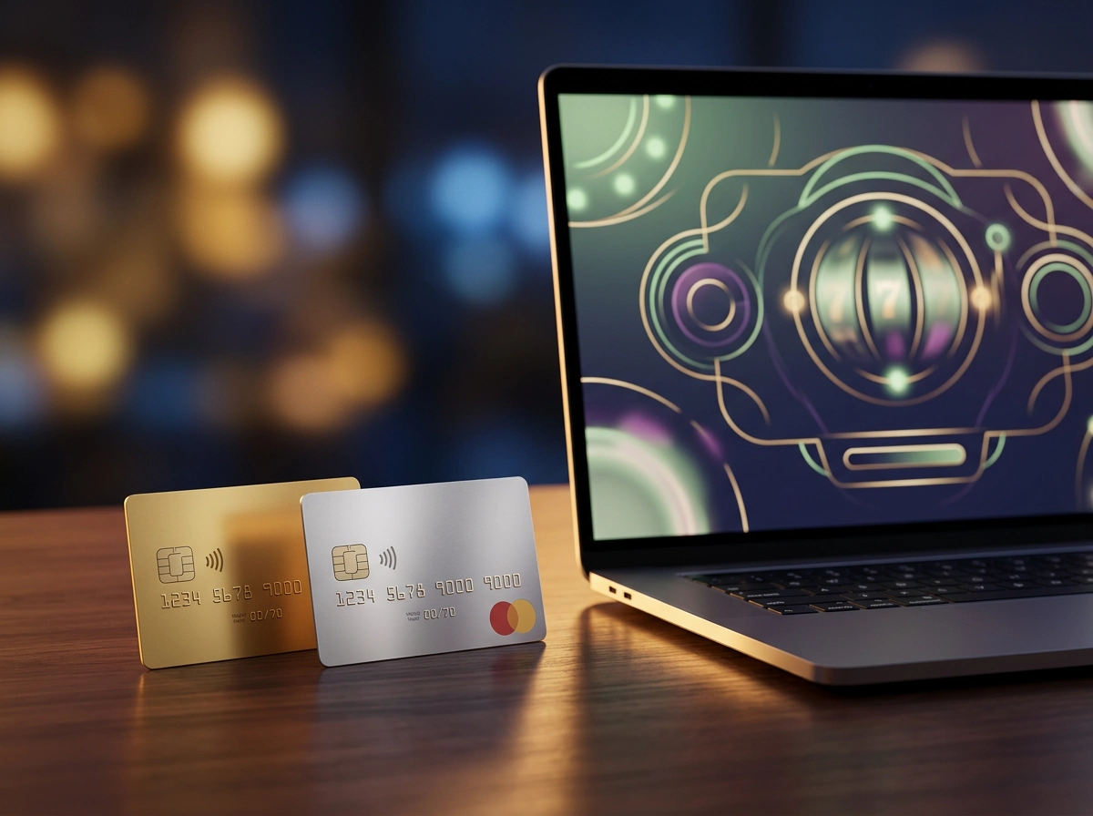 Hitelkártyás fizetés az online kaszinókban - Visa és Mastercard kártyák laptop előtt asztalon