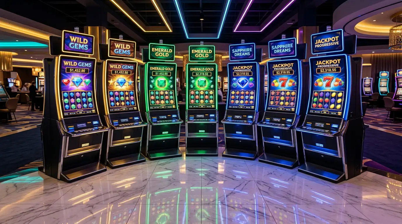 Row of glowing IGT slot machine cabinets on a modern casino floor with neon lighting
