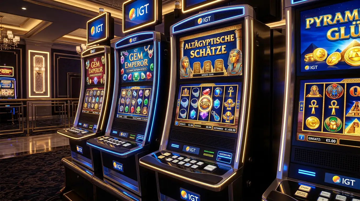 IGT Spielautomaten mit leuchtenden Walzen und Casino-Atmosphaere