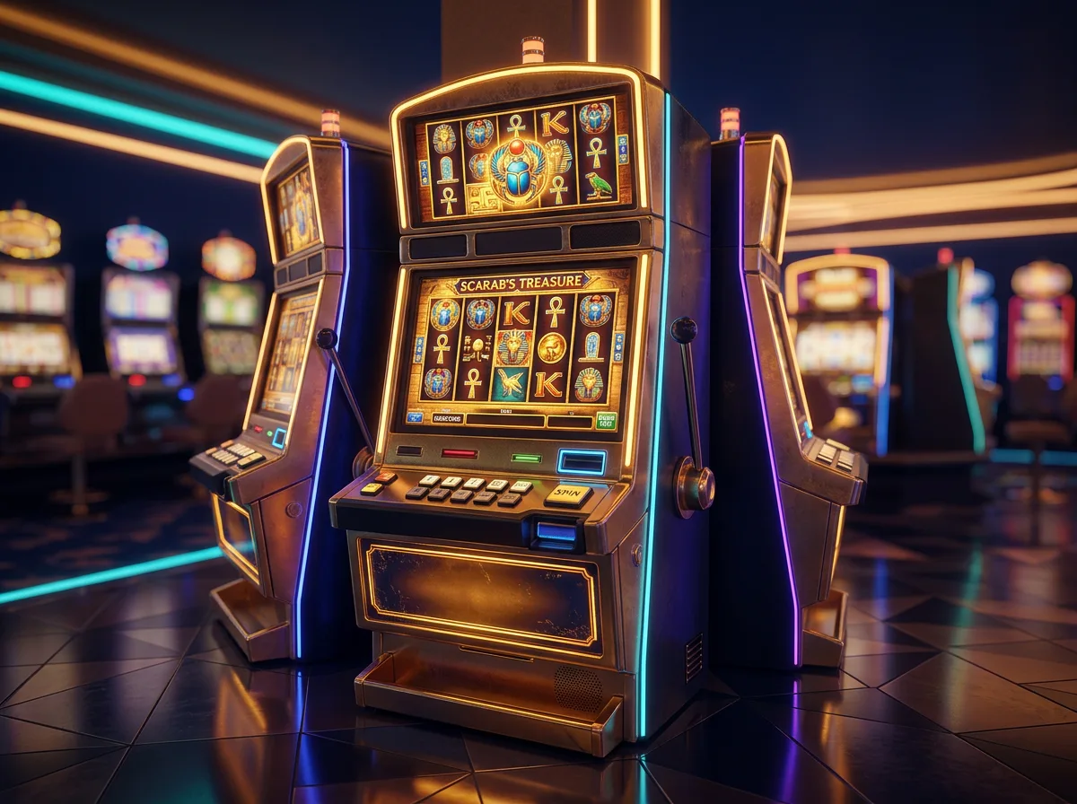 IGT nyerőgépek játékterme arany és neon színekkel, kaszinó hangulat