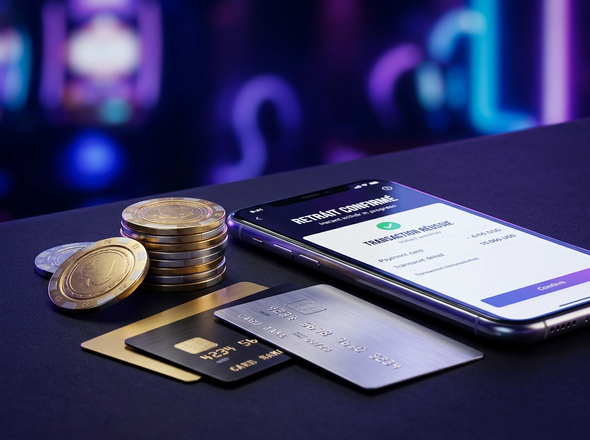 Jetons de casino et cartes bancaires symbolisant un retrait instantane dans un casino en ligne en France