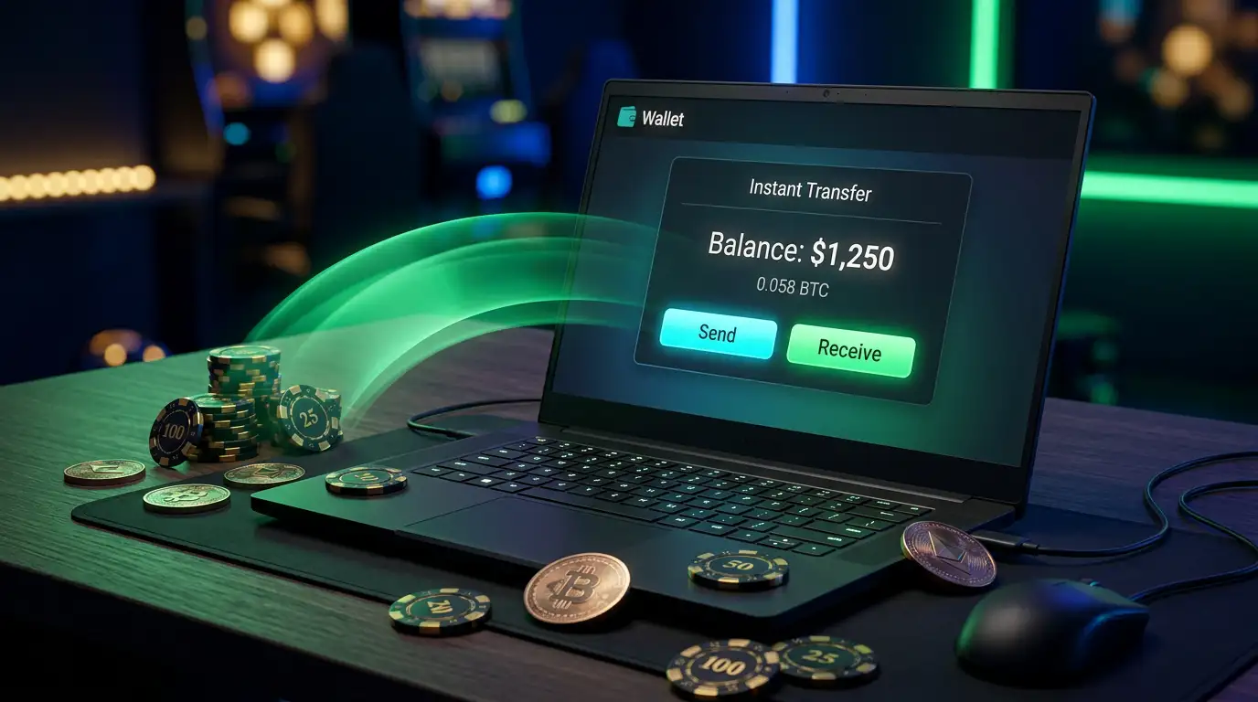 Online casino chips and digital wallet interface representing instant withdrawal processing
