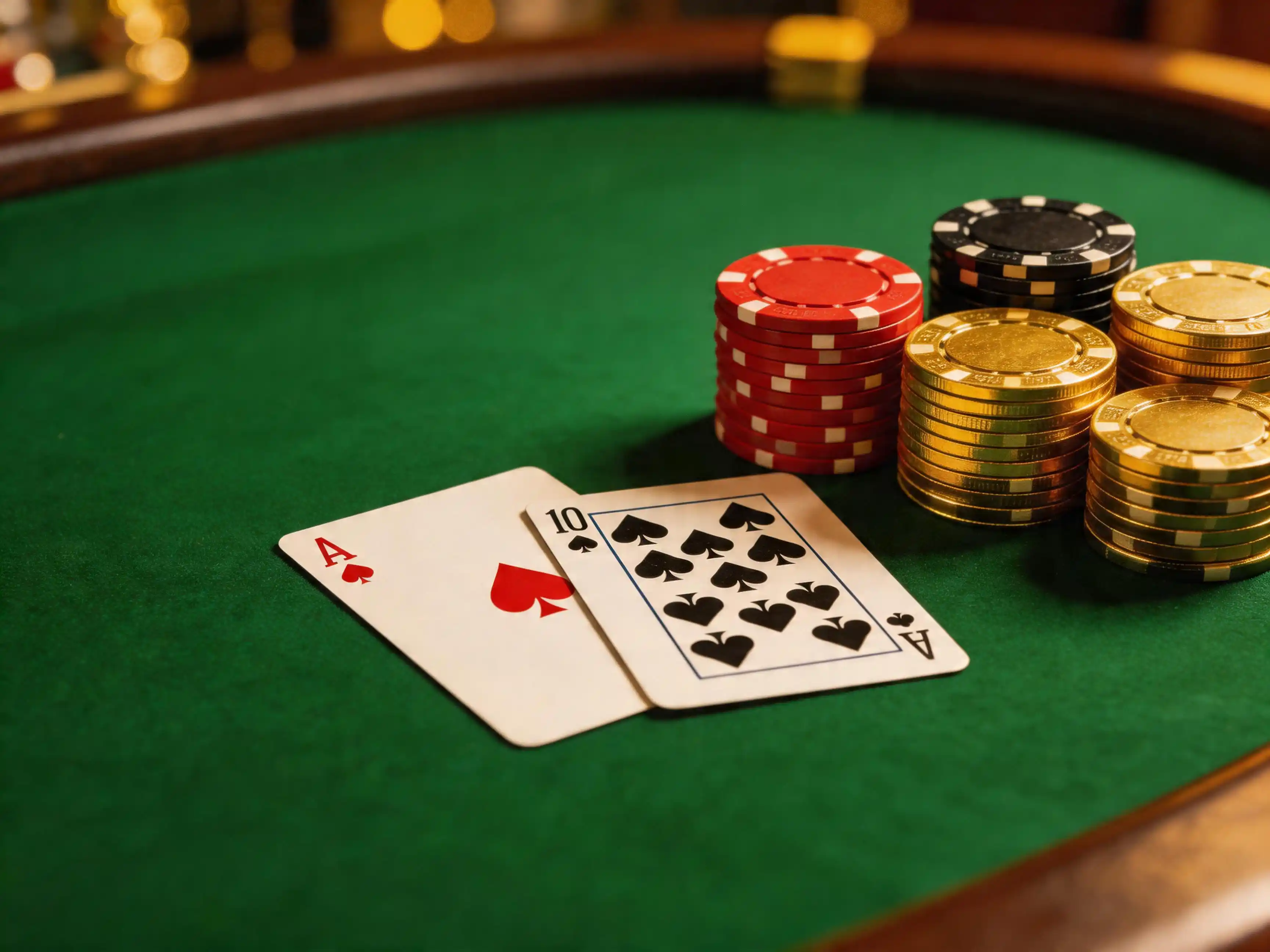 Masa de blackjack online cu carti si jetoane pe fundal verde de cazino