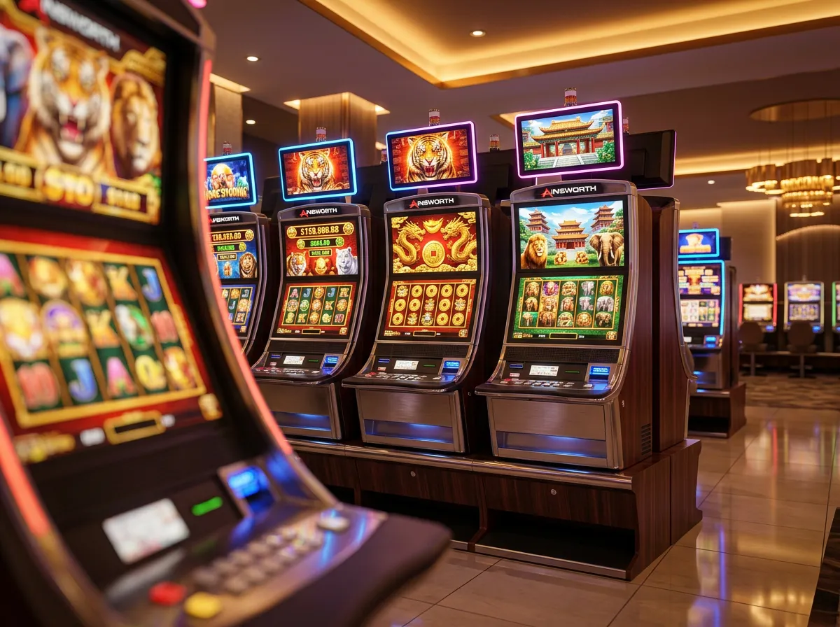 Maquinas de slot da Ainsworth com tematicas diversas iluminadas em ambiente de casino moderno